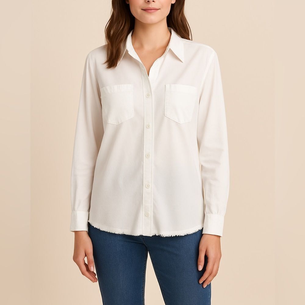 Chico’s White Lyocell Button Front Shirt Raw Hem Long Sleeve Top Size 16